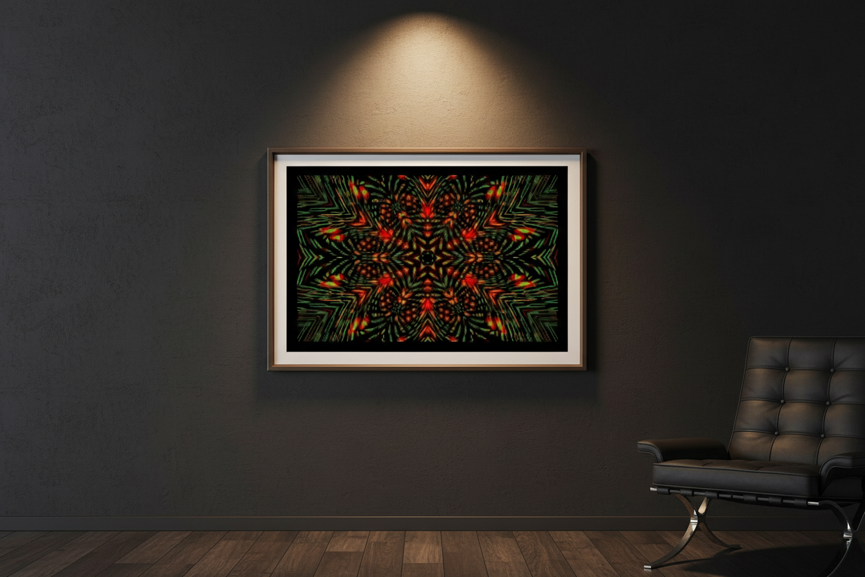 STARFLARE MANDALA Premium Kunstprint als gerahmtes Poster an dunkler Wand mit warmem Spotlight