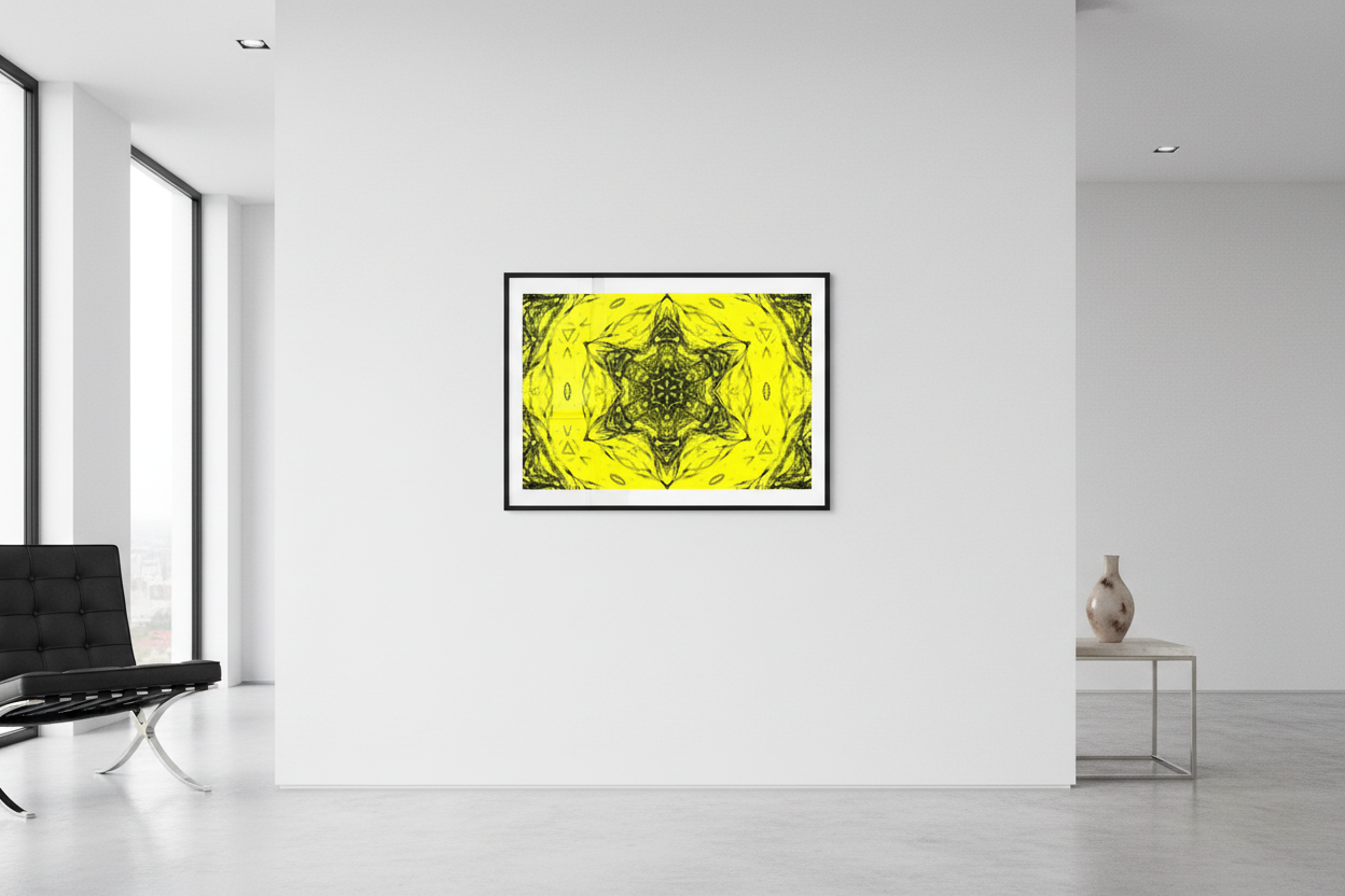 VECTOR STAR LINE CORE Premium Kunstprint als gerahmtes Poster an weißer Galeriewand mit cleanem Licht