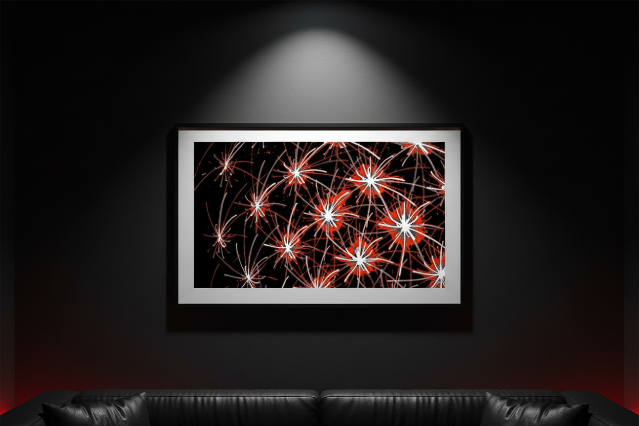 KOSMISCHE MIKROWELT Premium Kunstprint als gerahmtes Poster mit Schwarzem Rahmen an Mattem Schwarzen Wand in Dunklem Home-Cinema mit Rotem Akzentlicht