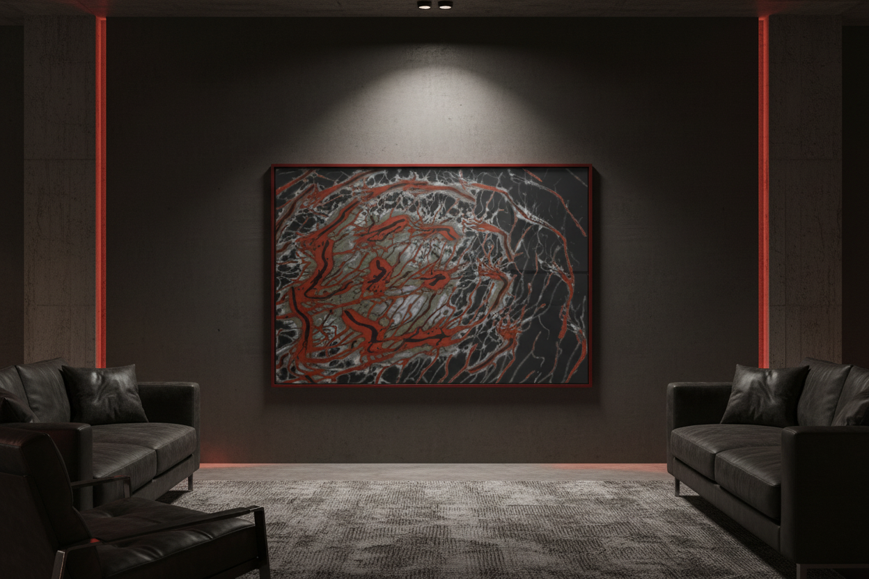 FRAKTALE STURM ENERGIEN Premium Kunstprint als gerahmtes Poster mit Dunkelrotem Rahmen an Dunkler Betonwand in Industriellem Loft mit Rotem Amber-Licht