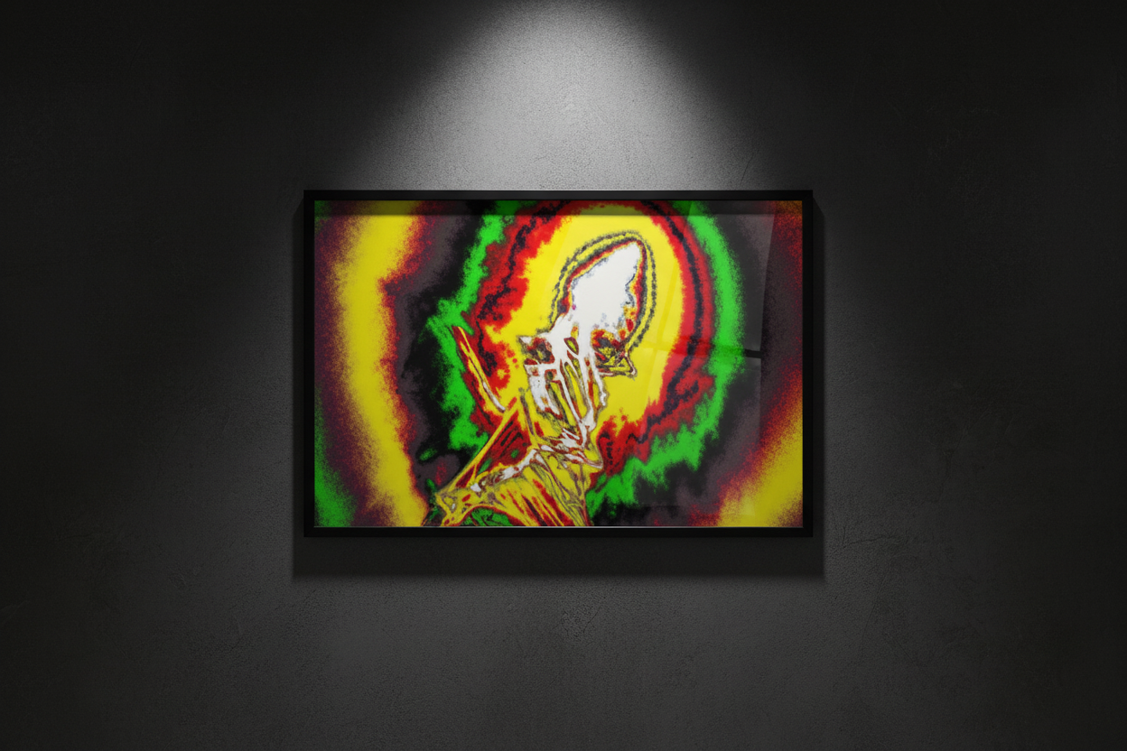SOLAR SQUID RADIANCE Premium Kunstprint als gerahmtes Poster an dunkler Wand mit dramatischem Spotlight