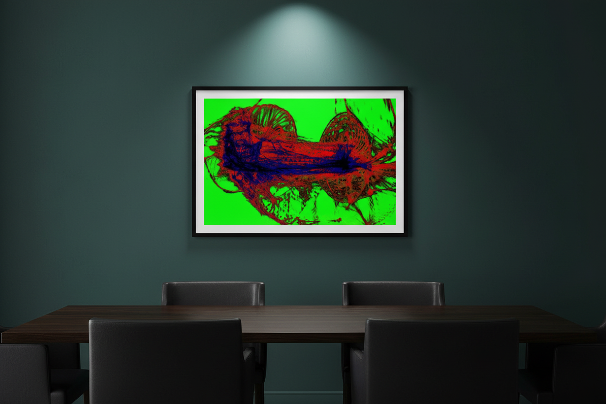 ABSTRACT DUAL ENERGY Premium Kunstprint als gerahmtes Poster an Teal-Grüner Wand in sophistiziertem Esszimmer mit Dunklem Holz