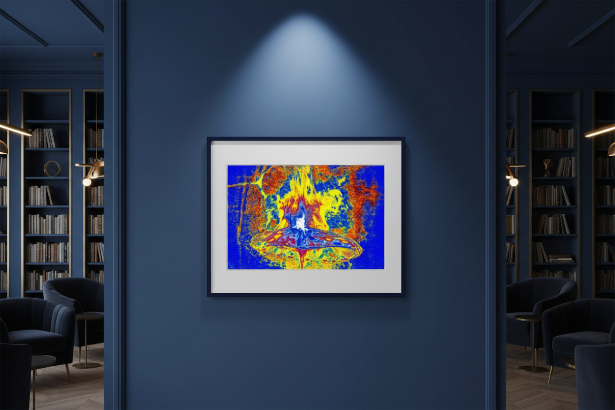 ABSTRACT RADIANT CORE IMPACT Premium Kunstprint als gerahmtes Poster an Kobaltblauer Wand in Sophistizierter Bibliothek mit Goldakzenten