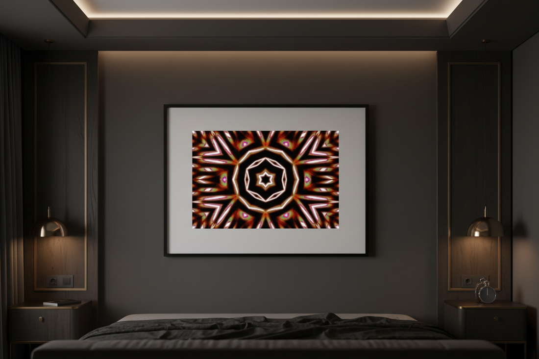 DUNKLES SOLARMANDALA — Luxus Schlafzimmer Mockup