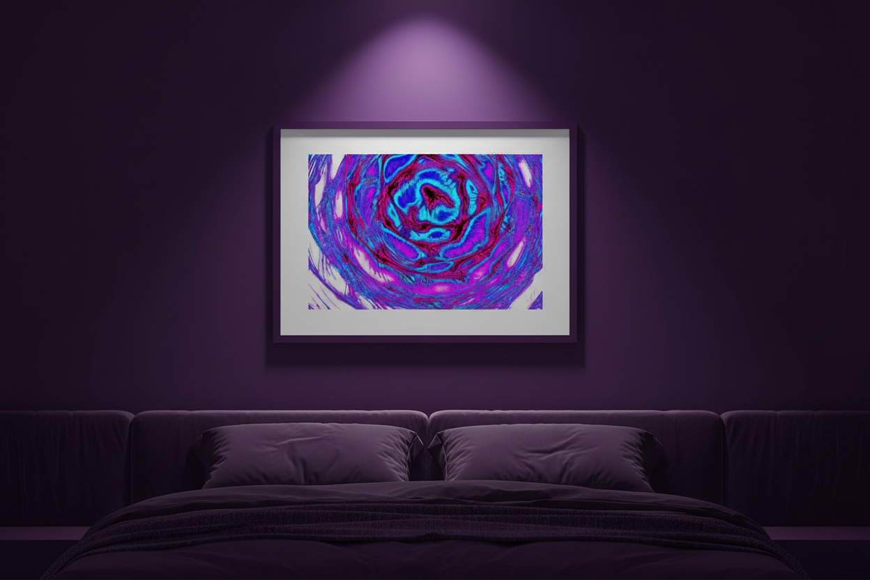 FLÜSSIG STURM Premium Kunstprint als gerahmtes Poster mit Dunkelviolettem Rahmen an Tief-Violetter Wand in Dunklem Luxuriösem Schlafzimmer mit Violettem Ambiente