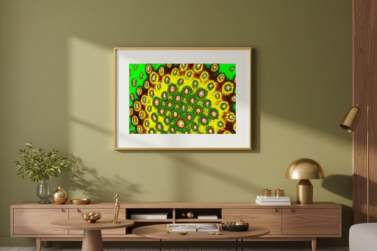 LEUCHTENDE ZELLE Premium Kunstprint als gerahmtes Poster mit Goldenem Rahmen an Olivgrüner Wand in Warmem Eklektischem Wohnzimmer mit Goldenen Akzenten