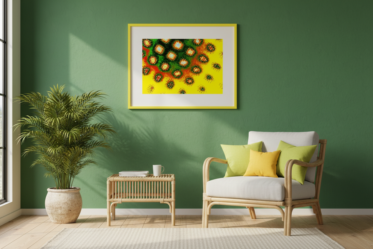 TROPISCHE VIREN Premium Kunstprint als gerahmtes Poster mit Gelbem Rahmen an Tropisch Grüner Wand in Modernem Tropischen Wohnzimmer mit Rattanmöbeln