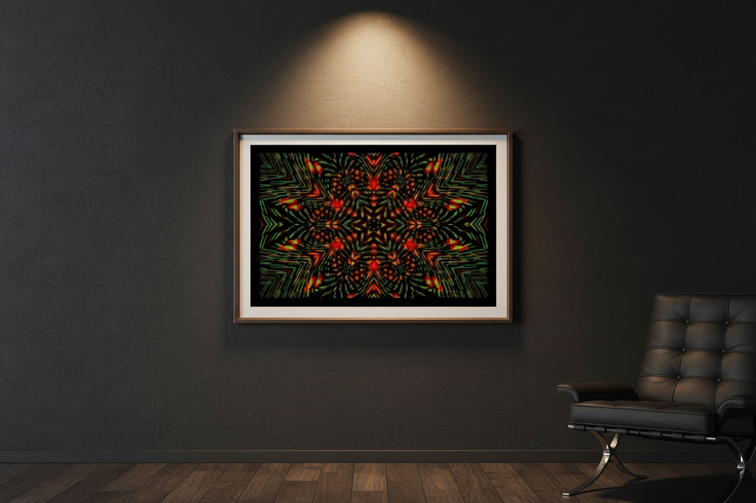 STARFLARE MANDALA Premium Kunstprint als gerahmtes Poster an dunkler Wand mit warmem Spotlight