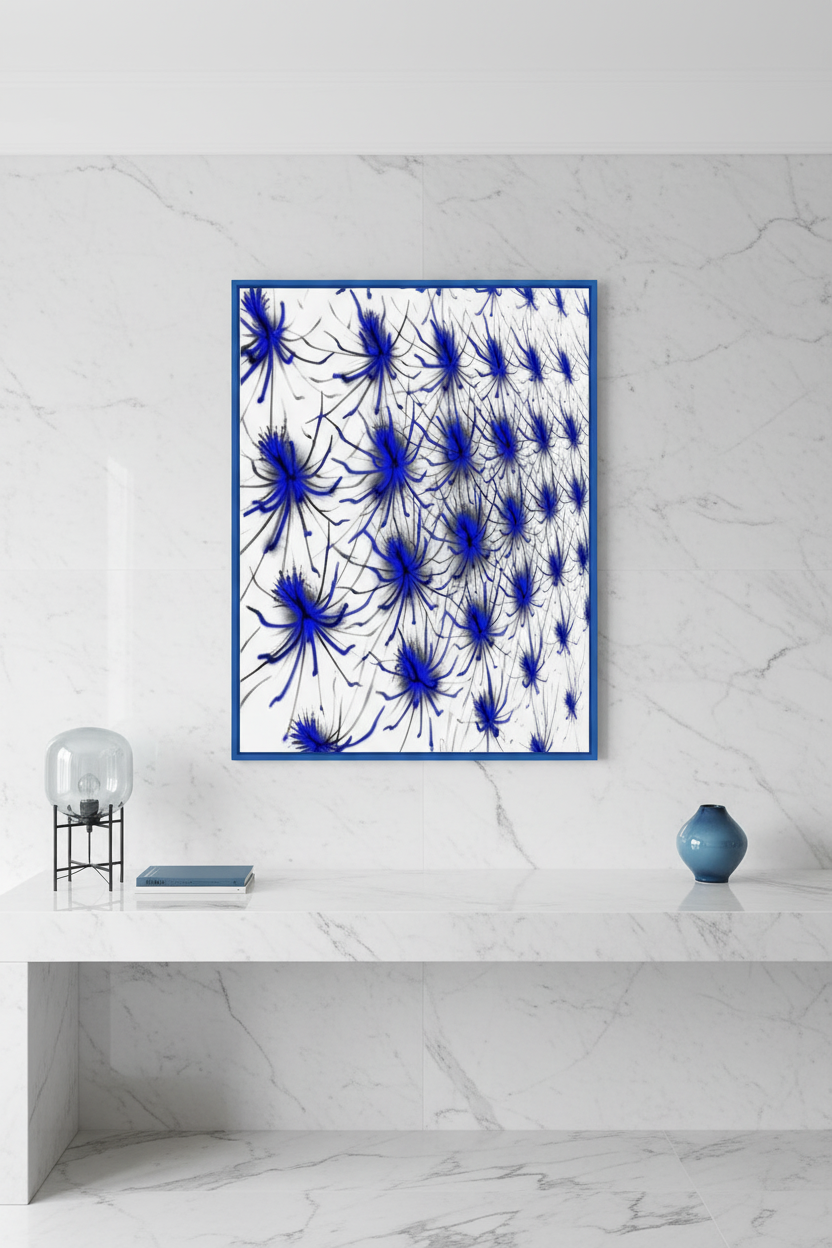 NEURONALES BLAU Premium Kunstprint als Hochformat-Poster mit Kobaltblauem Rahmen an Weißer Marmorwand in Modernem Homeoffice mit Blauen Akzenten