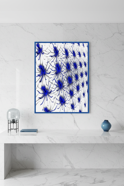 NEURONALES BLAU Premium Kunstprint als Hochformat-Poster mit Kobaltblauem Rahmen an Weißer Marmorwand in Modernem Homeoffice mit Blauen Akzenten