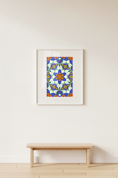 BUNTES MANDALA Premium Kunstprint als gerahmtes Hochformat-Poster an weißer Galeriewand mit cleanem Licht