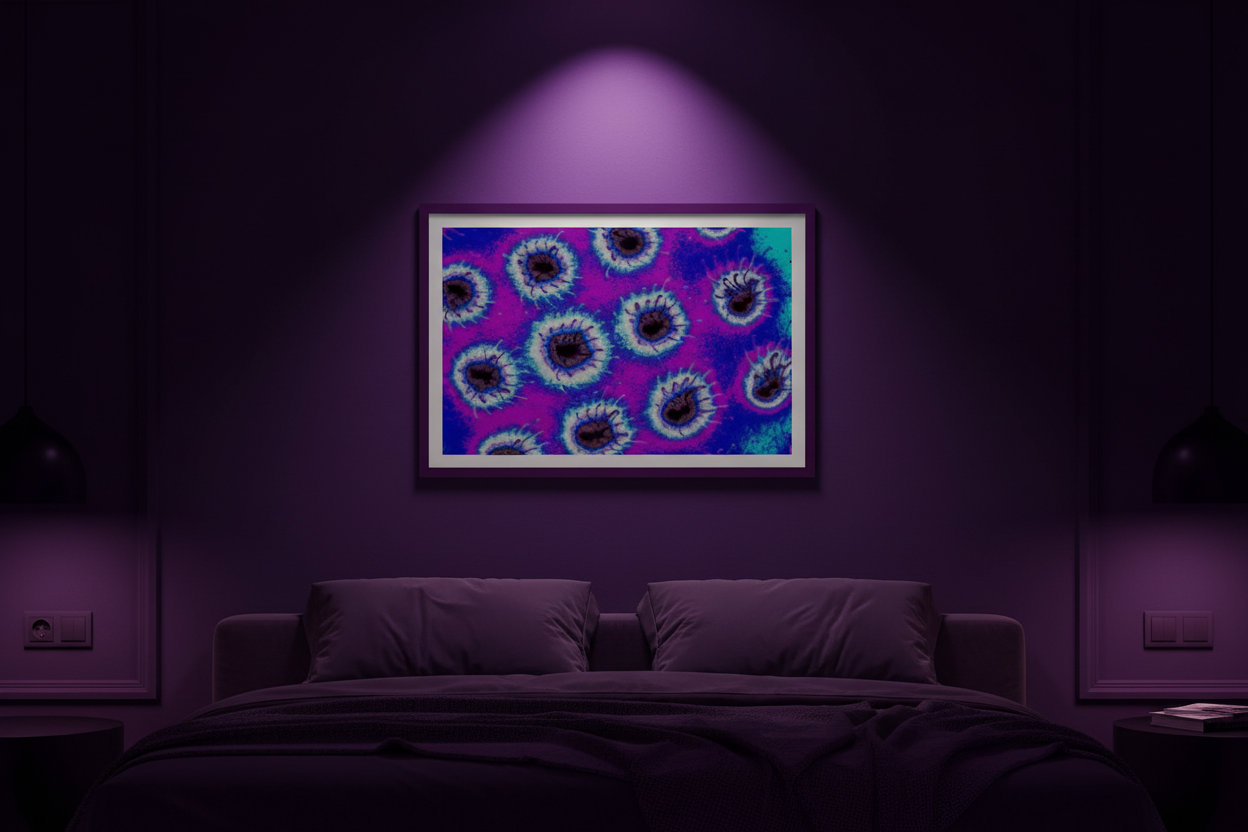KOSMISCHE MIKROBEN Premium Kunstprint als gerahmtes Poster mit Dunkelviolettem Rahmen an Violetter Wand in Dunklem Luxuriösem Schlafzimmer mit Violettem Ambiente
