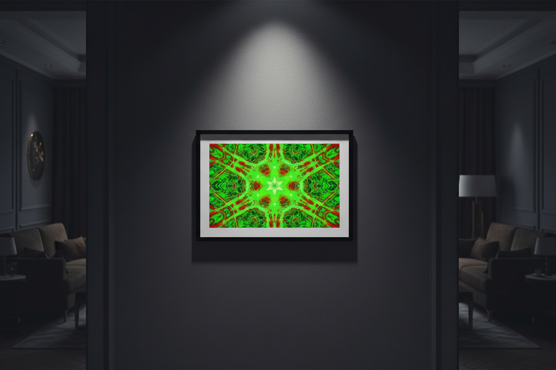 EMERALD CORE STAR — Mockup in dunklem Gallery-Interieur mit dramatischem Spotlight und schwarzem Rahmen