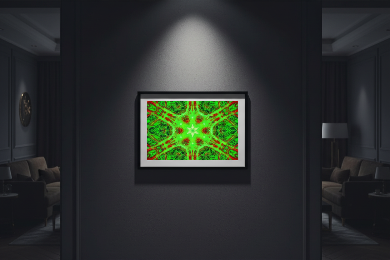 EMERALD CORE STAR — Mockup in dunklem Gallery-Interieur mit dramatischem Spotlight und schwarzem Rahmen
