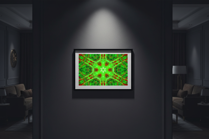 EMERALD CORE STAR — Mockup in dunklem Gallery-Interieur mit dramatischem Spotlight und schwarzem Rahmen