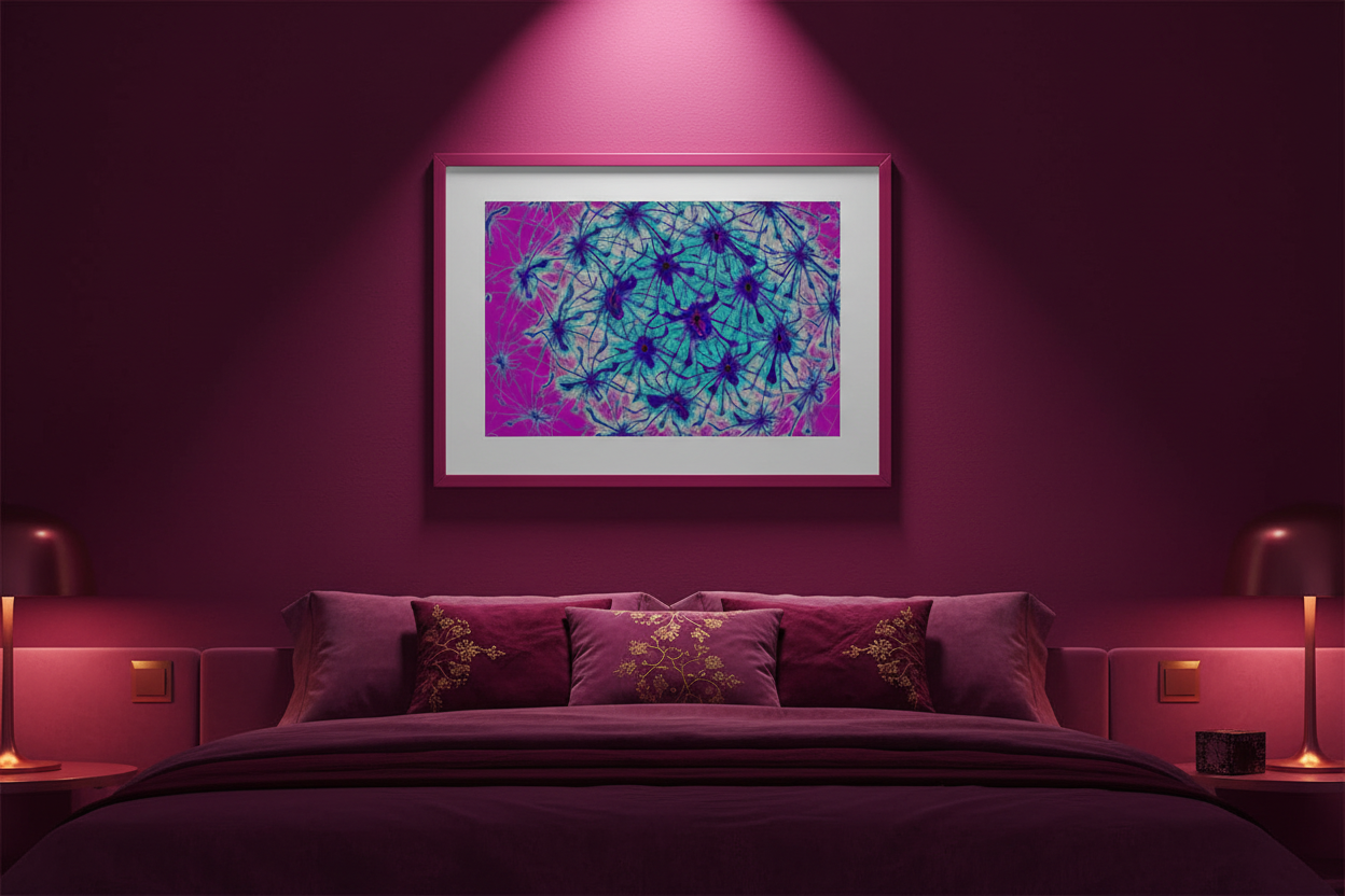 PINKES NEURONALES NETZ Premium Kunstprint als gerahmtes Poster mit Magenta-Rahmen an Tiefer Magenta-Wand in Dunklem Luxuriösem Schlafzimmer mit Pink-Lila Ambiente