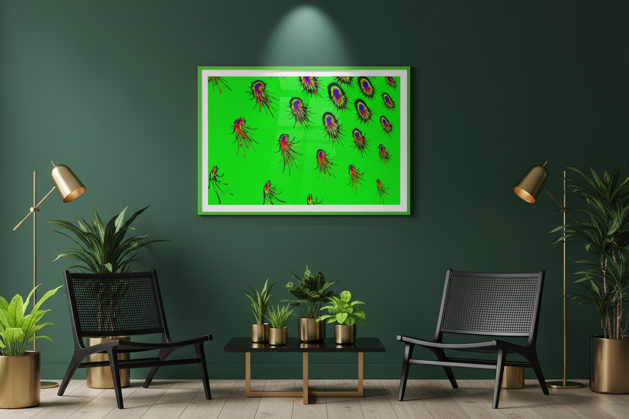 KOSMISCHER TENTAKEL Premium Kunstprint als gerahmtes Poster mit Hellgrünem Rahmen an Dunkelgrüner Wand in Modernem Botanischem Wohnzimmer mit Rattan und Messing