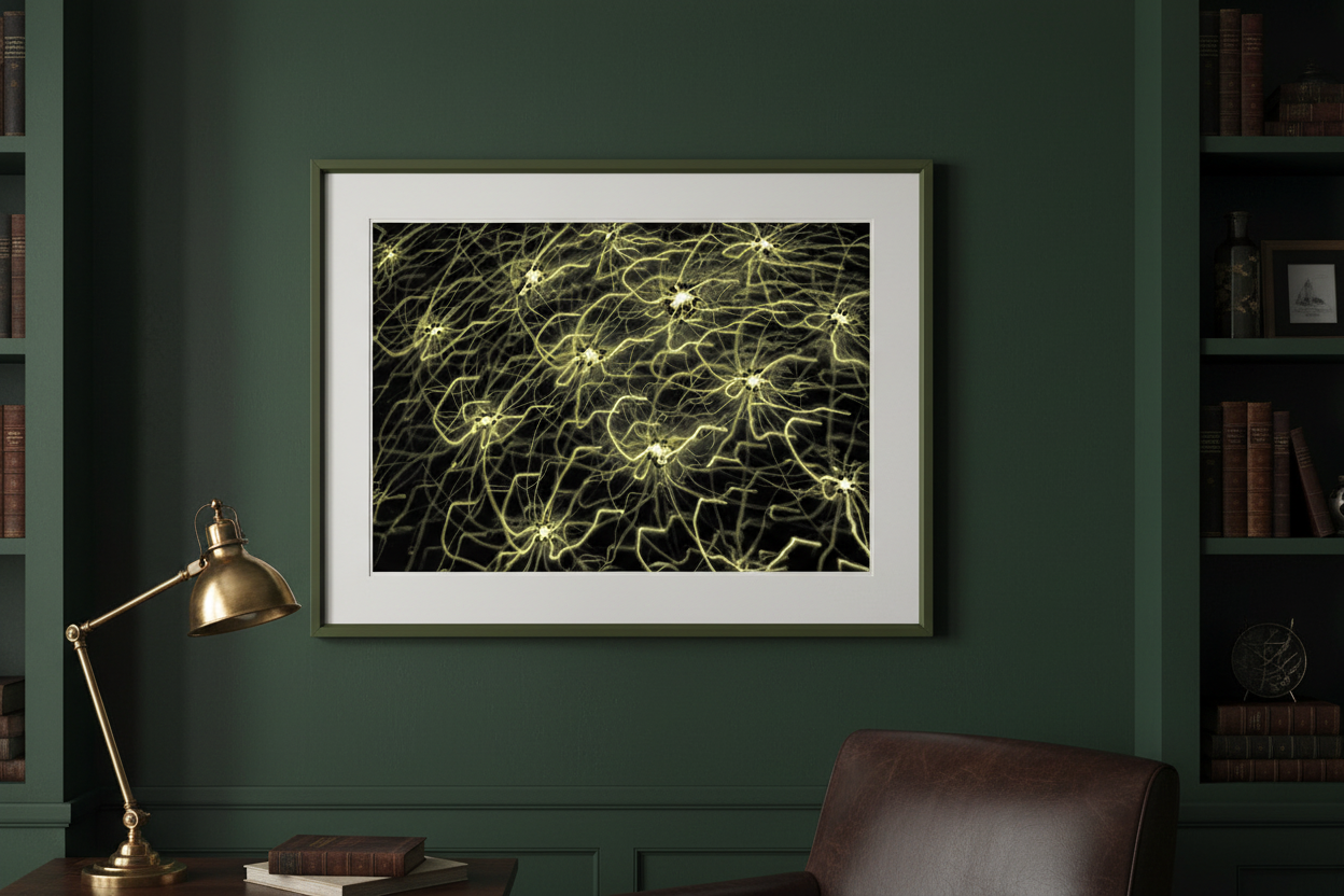 NEURALES NETZWERK Premium Kunstprint als gerahmtes Poster an Dunkelgrüner Wand in Sophistiziertem Arbeitszimmer mit Ledersessel und Messinglampe