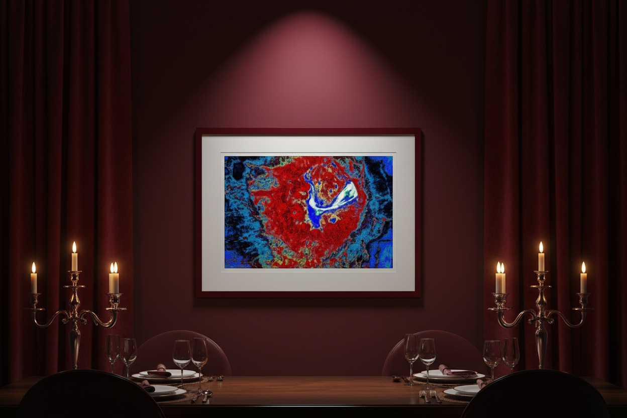 ABSTRACT RADIANT IMPACT CRATER Premium Kunstprint als gerahmtes Poster an Dunkelroter Wand in Luxuriösem Esszimmer mit Rotem Samt und Kerzenlicht