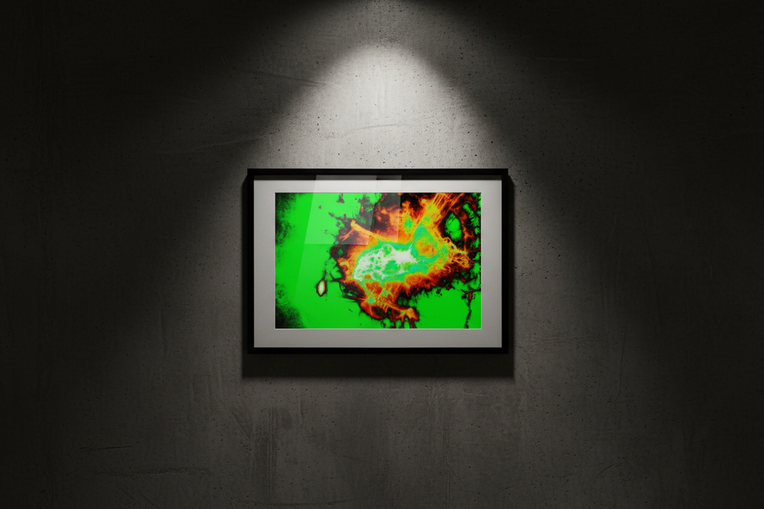 URKNALL Premium Kunstprint als gerahmtes Poster an dunkler Betonwand mit dramatischem Spotlight