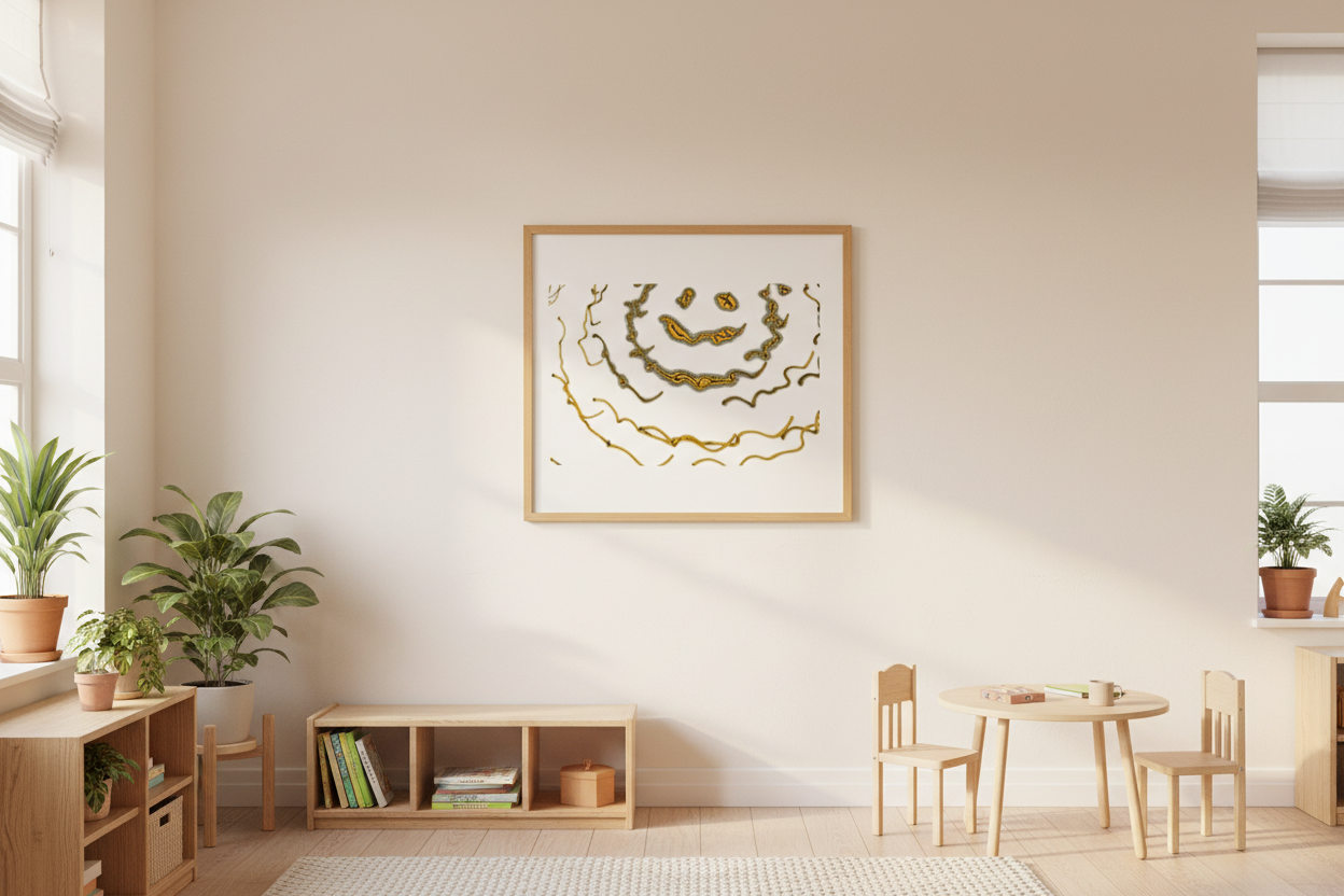 ORGANIC SMILE Premium Kunstprint als gerahmtes Poster mit Eichenrahmen an Cremefarbener Wand in Hellem Skandinavischen Wohnzimmer mit Holzmöbeln