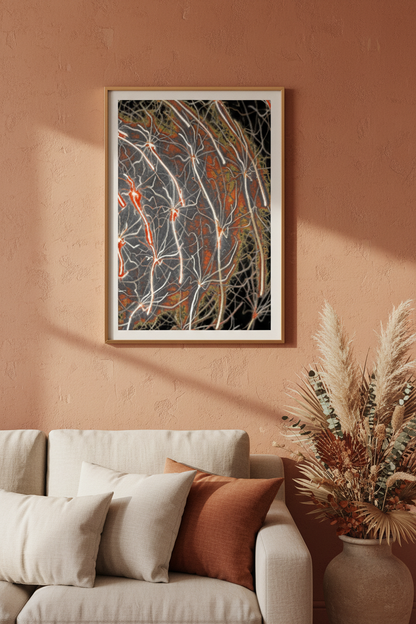 KOSMISCHES WURZELSYSTEM Premium Kunstprint als Hochformat-Poster mit Bronzerahmen an Terrakotta-Wand in Warmem Bohemischem Wohnzimmer