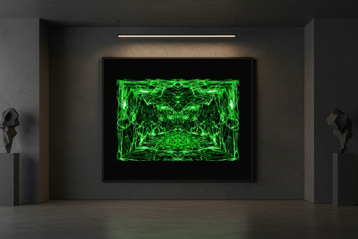 NEON VELOCITY — Premium Kunstprint im modernen dunklen Galerieraum