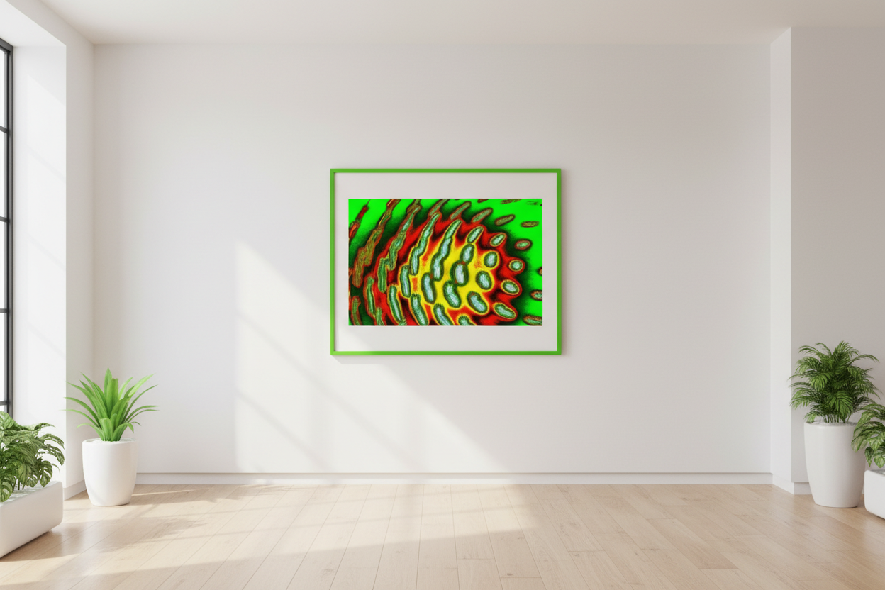 WÄRME WELLE Premium Kunstprint als gerahmtes Poster mit Neongrünem Rahmen an Weißer Galeriewand in Modernem Minimalistischem Galerieraum mit Eichenholzboden