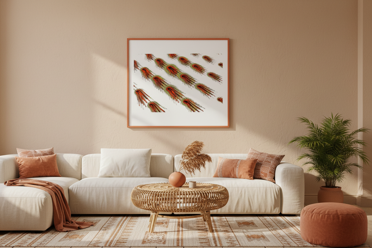 ORGANISCHE LEBEWESEN Premium Kunstprint als gerahmtes Poster mit Terrakotta-Rahmen an Sandbeiger Wand in Warmem Bohemischem Wohnzimmer mit Rattanmöbeln