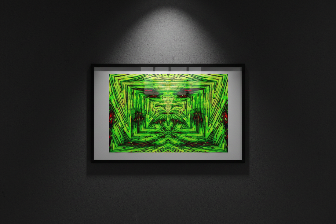 NEON GRID TUNNEL Premium Kunstprint als gerahmtes Poster an dunkler Wand mit dramatischem Spotlight