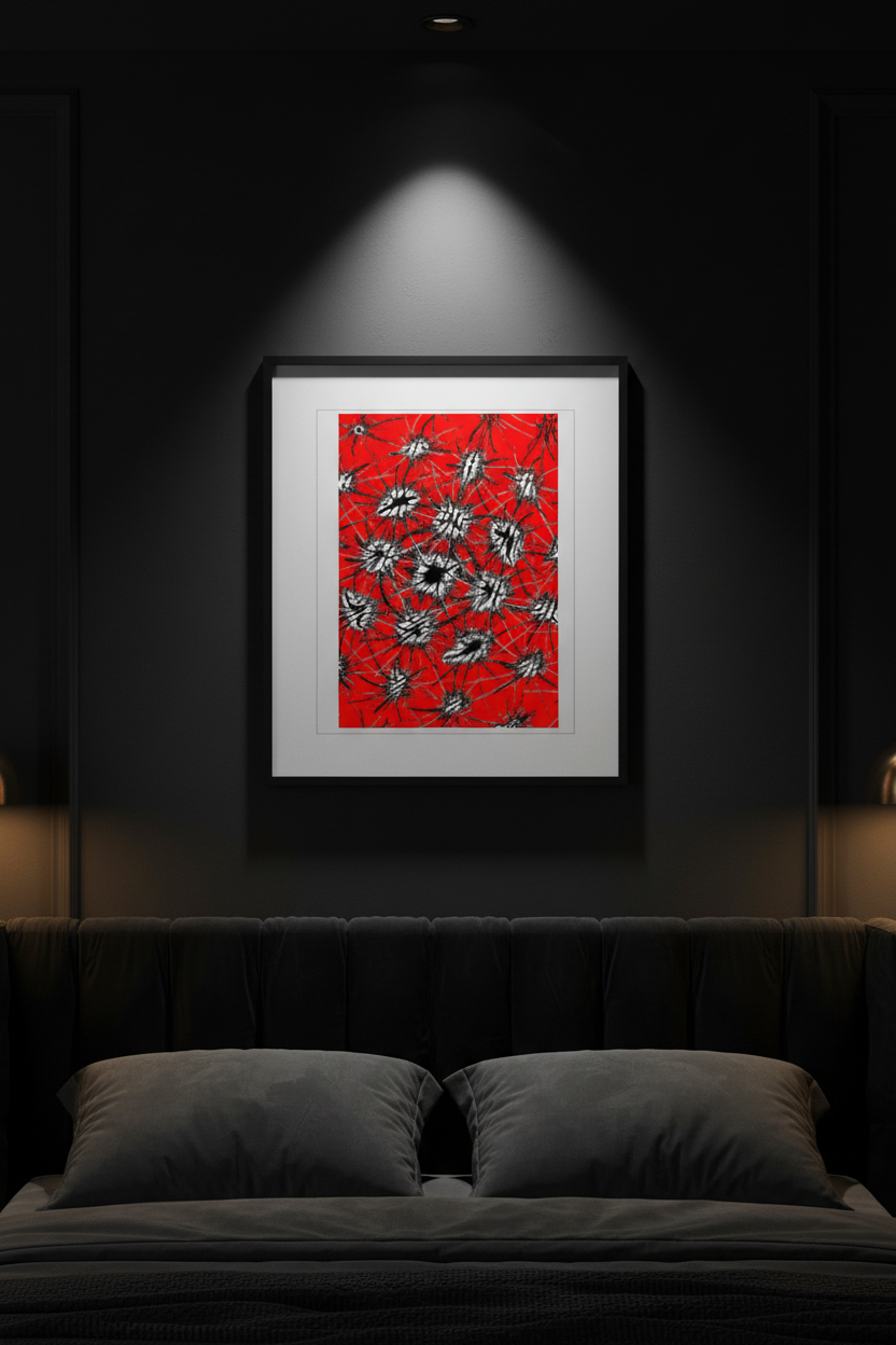 ABSTRACT ENERGY Premium Kunstprint als Hochformat-Poster an Schwarzer Wand in Luxuriösem Schlafzimmer mit Goldakzenten