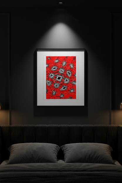ABSTRACT ENERGY Premium Kunstprint als Hochformat-Poster an Schwarzer Wand in Luxuriösem Schlafzimmer mit Goldakzenten
