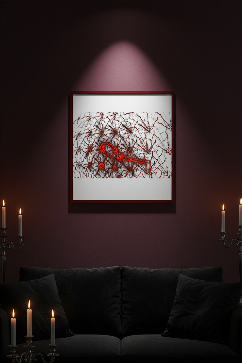 ROTES WESEN Premium Kunstprint als Hochformat-Poster mit Dunkelrotem Rahmen an Burgunderroter Wand in Dunklem Gothischen Wohnzimmer mit Kerzenlicht