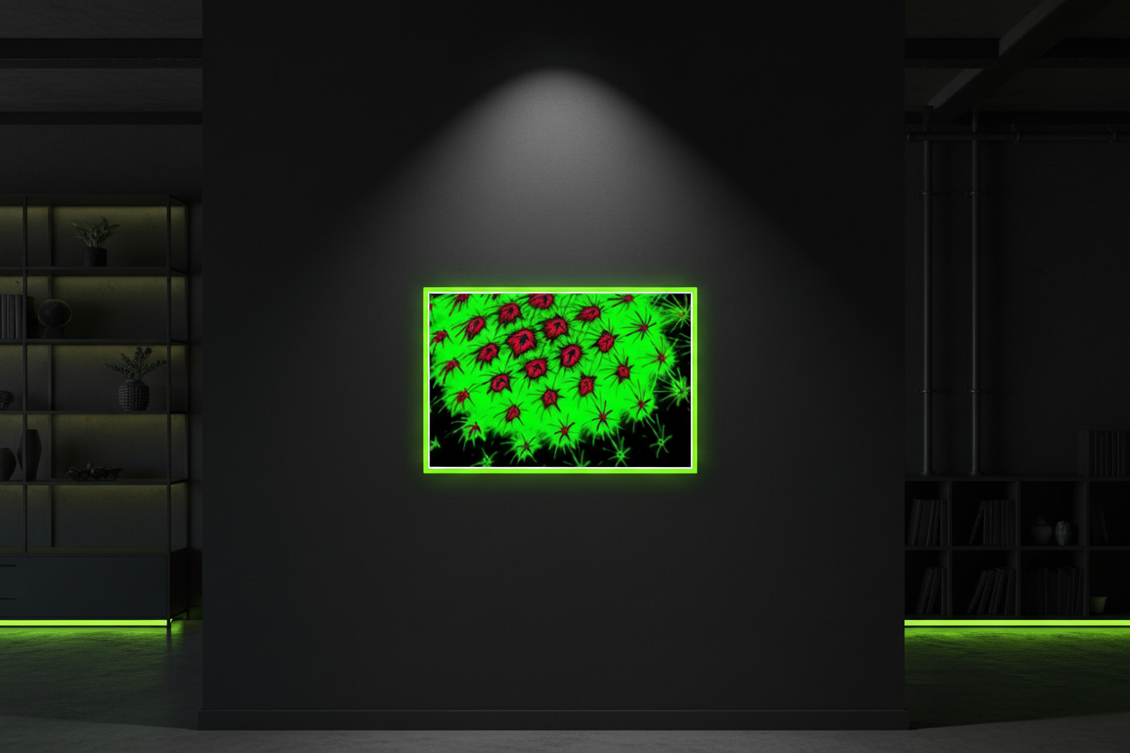 ABSTRAKTES NEON-KERNFELD Premium Kunstprint als gerahmtes Poster mit Neongrünem Rahmen an Schwarzer Wand in Dunklem Industriellem Loft mit Neongrünem Ambiente