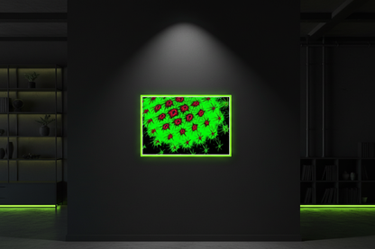 ABSTRAKTES NEON-KERNFELD Premium Kunstprint als gerahmtes Poster mit Neongrünem Rahmen an Schwarzer Wand in Dunklem Industriellem Loft mit Neongrünem Ambiente