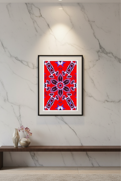 PETAL SYMMETRY WHEEL RED Premium Kunstprint als gerahmtes Hochformat-Poster an weißer Marmor-Wand