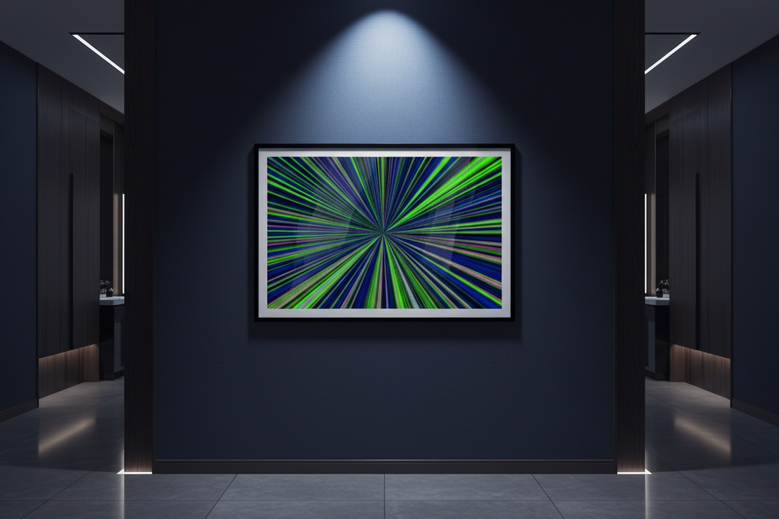 GRÜNER WARP Premium Kunstprint als gerahmtes Poster an dunkler Wand mit dramatischem Spotlight