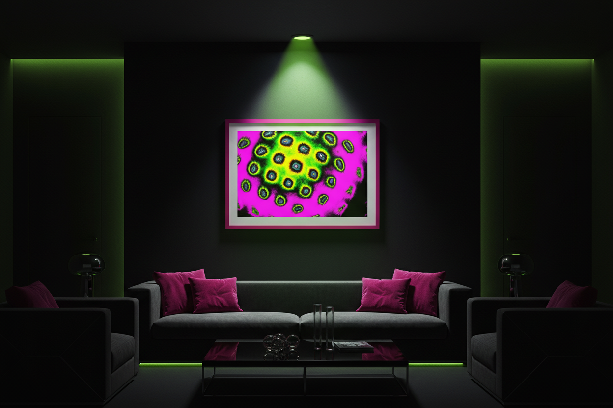 ALIEN ORGANISMUS Premium Kunstprint als gerahmtes Poster mit Magenta-Rahmen an Mattem Schwarzen Wand in Dunklem Sci-Fi Wohnzimmer mit Neongrünem LED-Licht