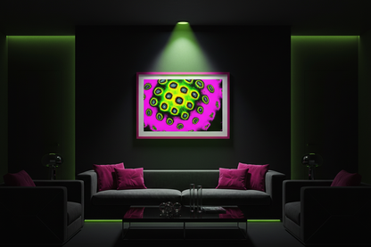 ALIEN ORGANISMUS Premium Kunstprint als gerahmtes Poster mit Magenta-Rahmen an Mattem Schwarzen Wand in Dunklem Sci-Fi Wohnzimmer mit Neongrünem LED-Licht