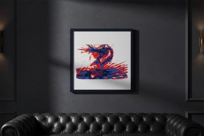 ABSTRACT DUAL EXPLOSION Premium Kunstprint als gerahmtes Poster an Dunkler Wand in Luxuriösem Home-Cinema mit Ledersofa