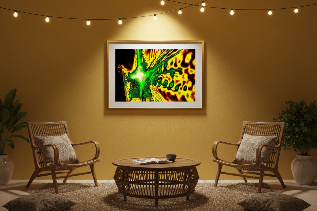 ABSTRACT SPECTRUM LIGHT BURST Premium Kunstprint als gerahmtes Poster mit Messingrahmen an Senfgelber Wand in Warmem Eklektischem Wohnzimmer