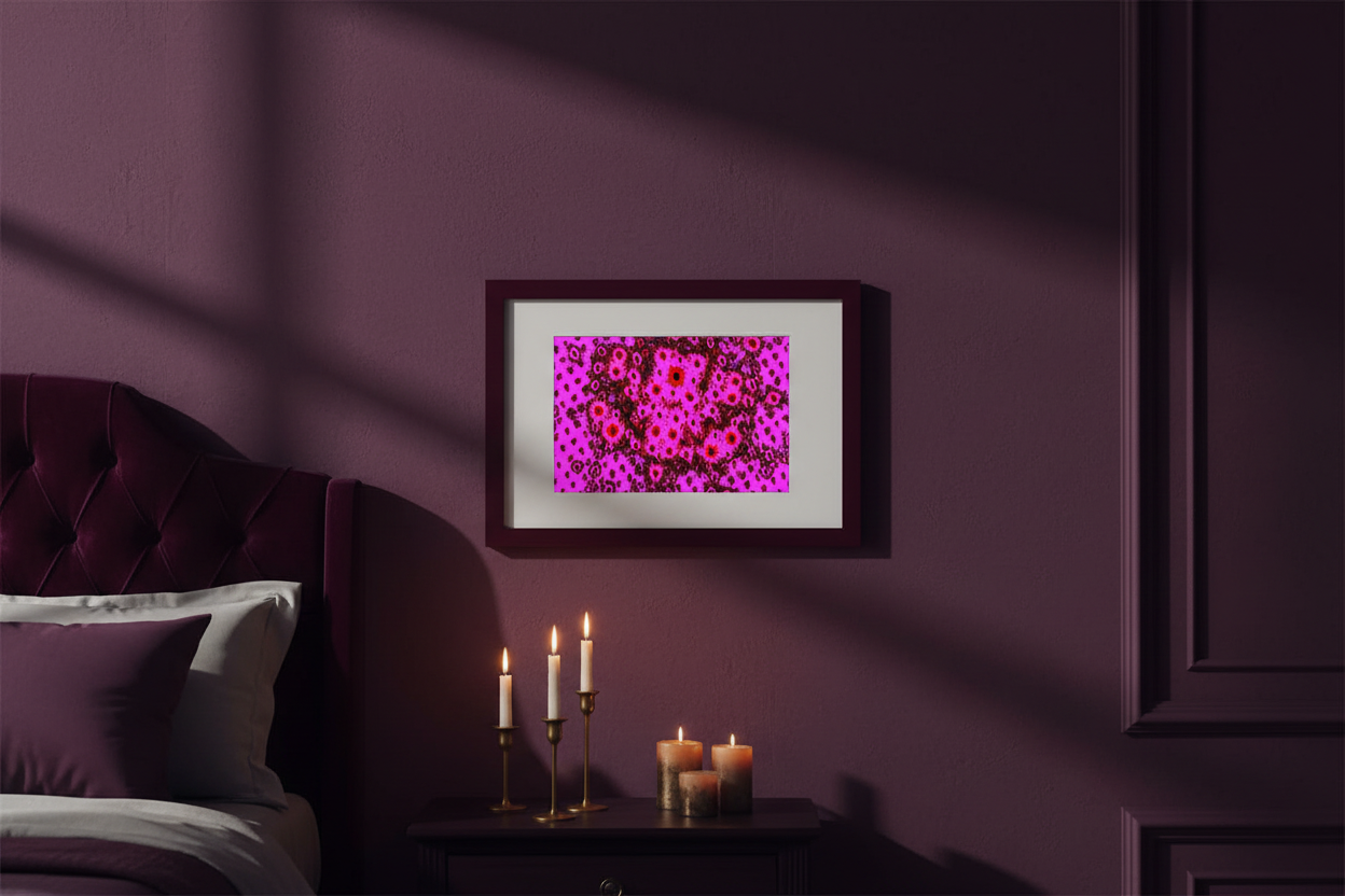 NEON MAGENTA Premium Kunstprint als gerahmtes Poster mit Bordeaux-Rahmen an Dunkler Pflaumenfarbener Wand in Luxuriösem Schlafzimmer mit Goldkerzenlicht