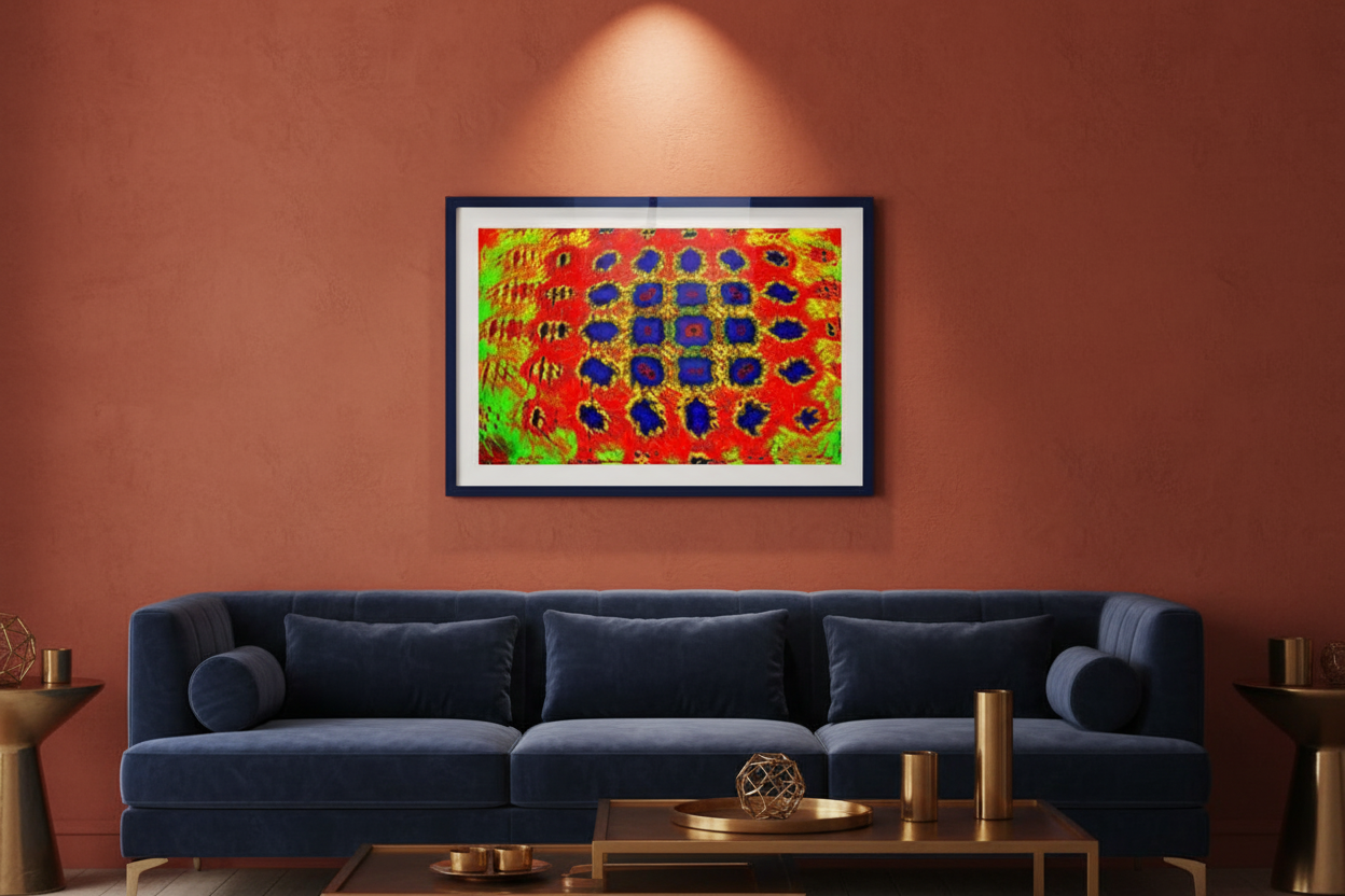 LEUCHTENDE ZELLEN Premium Kunstprint als gerahmtes Poster mit Dunkelblauem Rahmen an Terrakotta-Roter Wand in Warmem Modernem Wohnzimmer mit Blauem Samtsofa und Messing-Akzenten