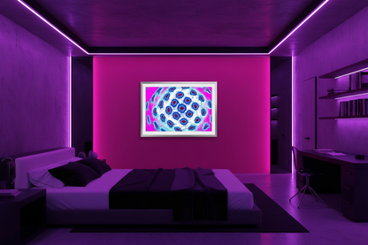 NEON-ZELLE Premium Kunstprint als gerahmtes Poster mit Chromrahmen an Magenta-Pink Wand in Futuristischem Schlafzimmer mit LED-Beleuchtung