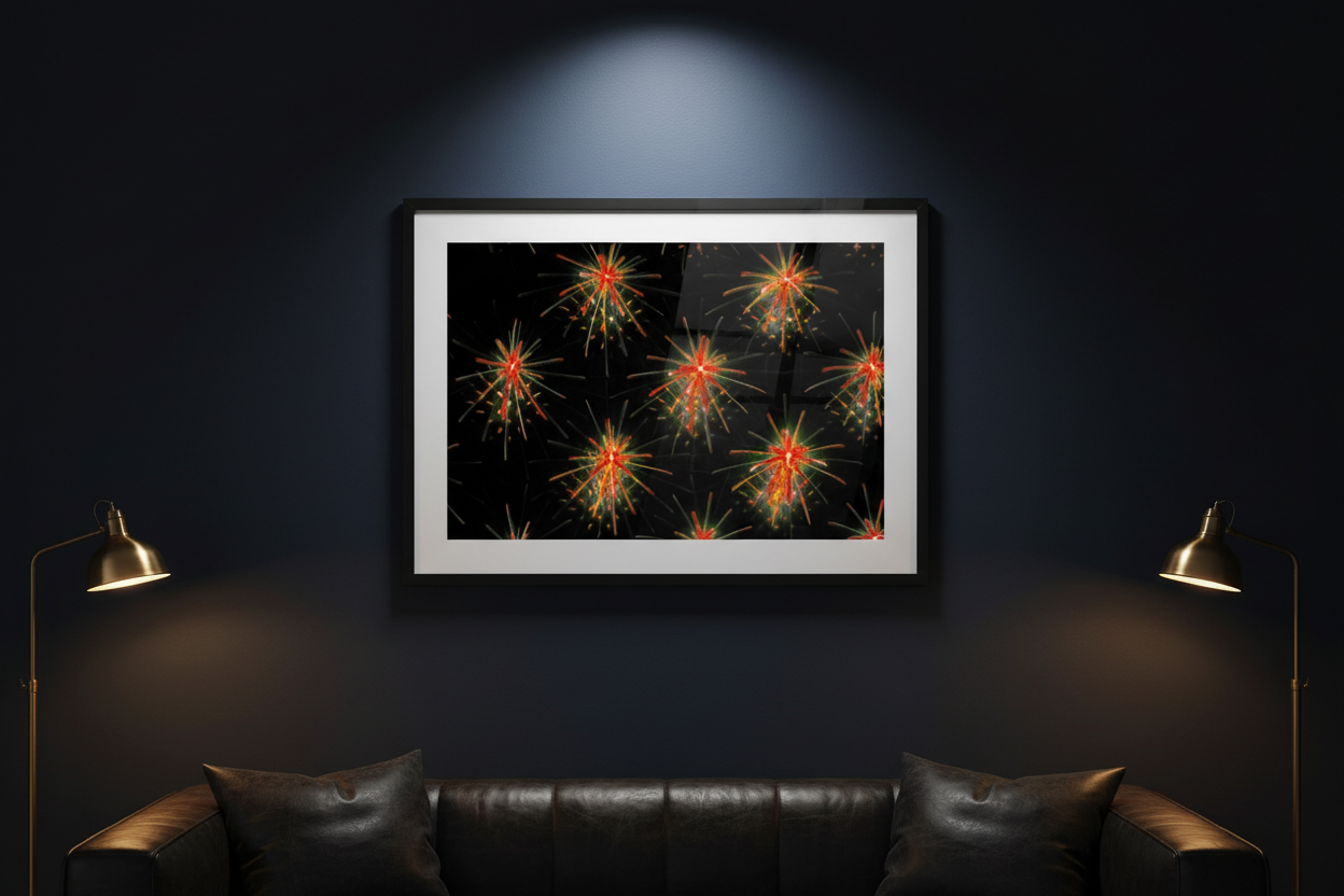 KOSMISCHE STERNE Premium Kunstprint als gerahmtes Poster mit Schwarzem Rahmen an Dunkler Navy-Wand in Sophistiziertem Arbeitszimmer mit Messingbeleuchtung