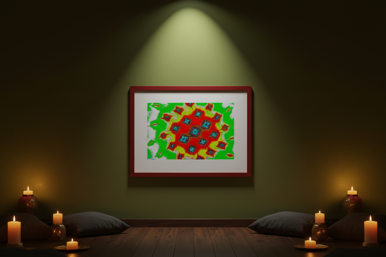 KOSMISCHES MANDALA Premium Kunstprint als gerahmtes Poster mit Dunkelrotem Rahmen an Olivgrüner Wand in Warmem Spirituellem Meditationsraum mit Goldakzenten