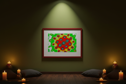 KOSMISCHES MANDALA Premium Kunstprint als gerahmtes Poster mit Dunkelrotem Rahmen an Olivgrüner Wand in Warmem Spirituellem Meditationsraum mit Goldakzenten