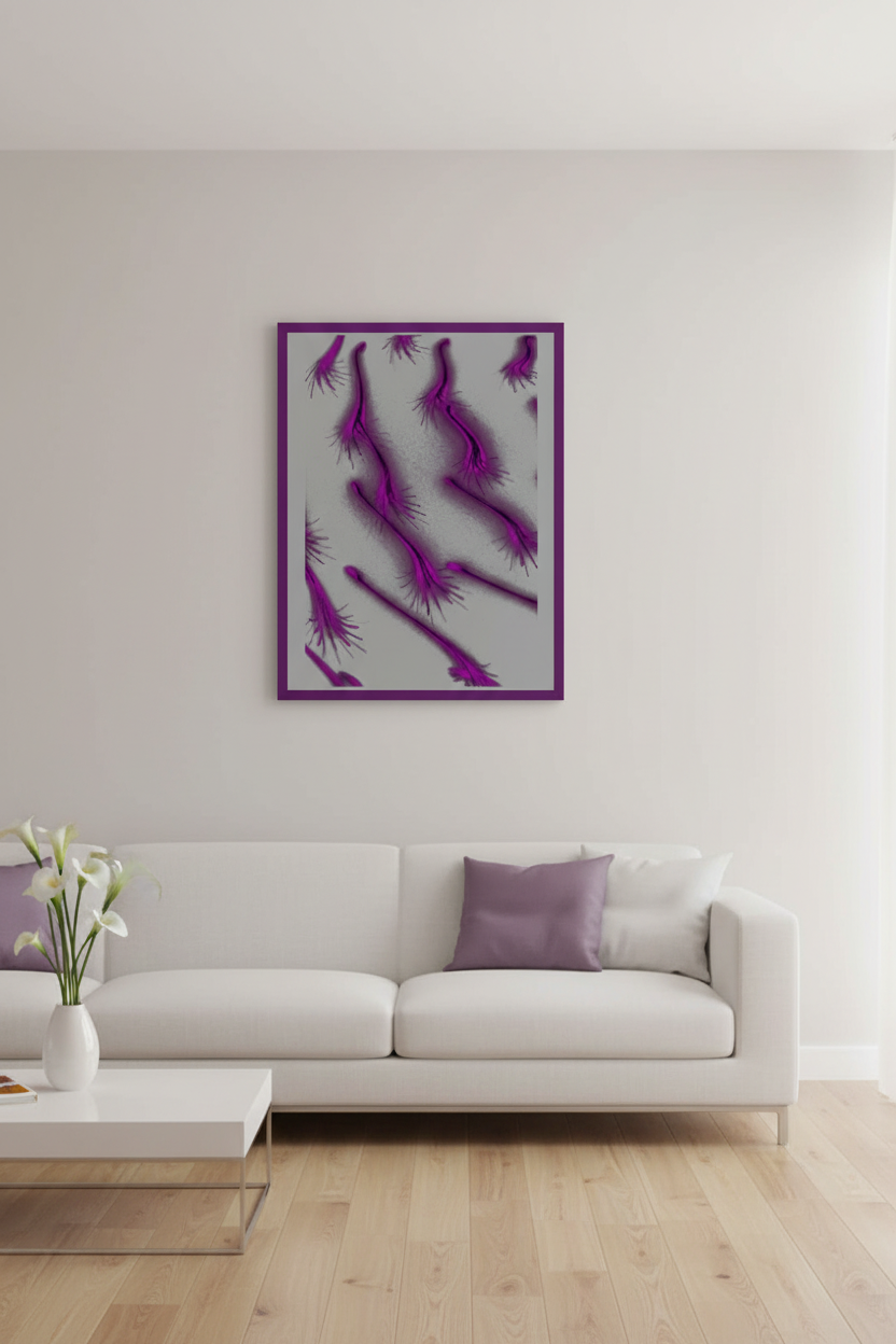 LILA BAKTERIEN Premium Kunstprint als Hochformat-Poster mit Dunkelviolettem Rahmen an Hellgrauer Wand in Modernem Minimalistischem Wohnzimmer mit Violetten Akzenten