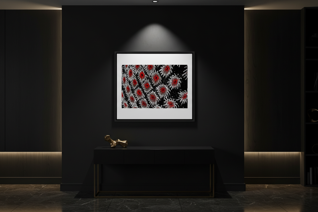 ROTE MIKROBEN Premium Kunstprint als gerahmtes Poster an Schwarzer Wand in Dunklem Luxuriösem Wohnzimmer mit Marmorboden und Goldakzenten