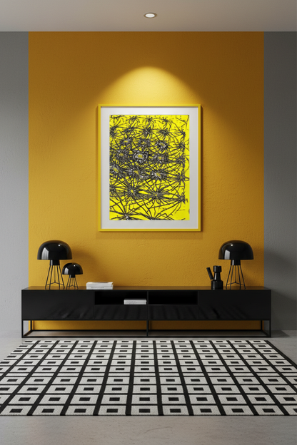 YELLOW NEURONS Premium Kunstprint als Hochformat-Poster mit Gelbem Rahmen an Senfgelber Wand in Modernem Eklektischen Interieur